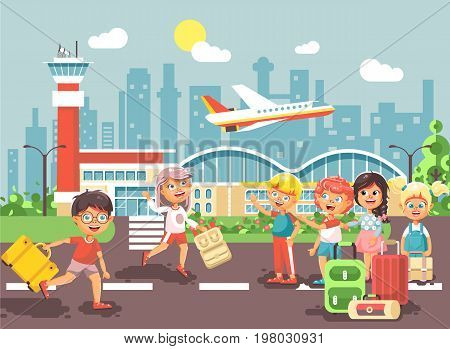 Stock vector illustration cartoon character late boy run to little children girl standing at airport, departing plane, bag suitcases awaiting for travel trip holiday weekend flat style city background