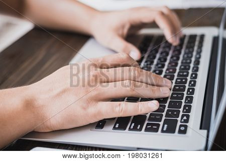 Morning Business Male. Male Hands Working On A Laptop. Horizontal Frame