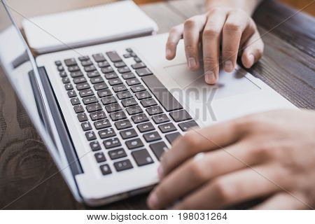 Morning Business Male. Male Hands Working On A Laptop. Horizontal Frame
