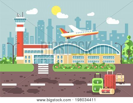 Stock vector illustration cartoon bags and suitcases standing at airport, late delay departing plane, awaiting for travel trip holiday weekend flat style city background for motion design site banner