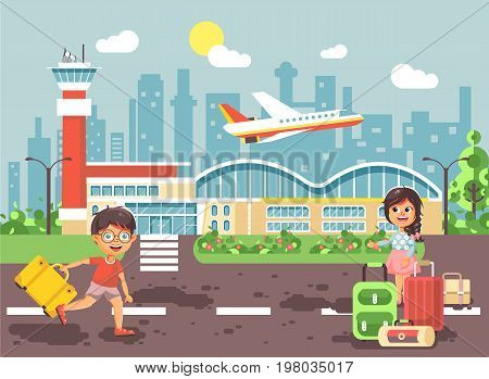 Stock vector illustration cartoon character late boy run to little brunette girl standing at airport, departing plane, bag suitcases awaiting for travel trip holiday weekend flat style city background