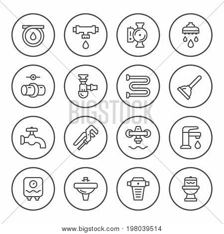 Set round line icons of plumbing isolated on white. Vector illustration