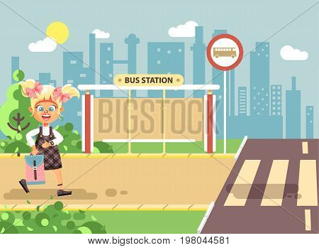 Stock vector illustration cartoon characters child, observance traffic rules, lonely blonde girl schoolchild, pupil go to road pedestrian crossing, on bus stop background, back to school in flat style