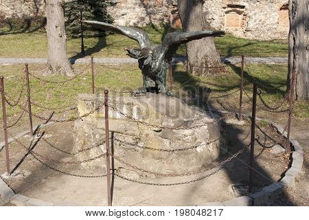 Turul the bronze eagle statue in the courtyard of the Medieval Uzhhorod Castle Ungvar in Ukraine
