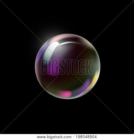 Transparent colorful soap bubble on a dark background. Vector Illustration.