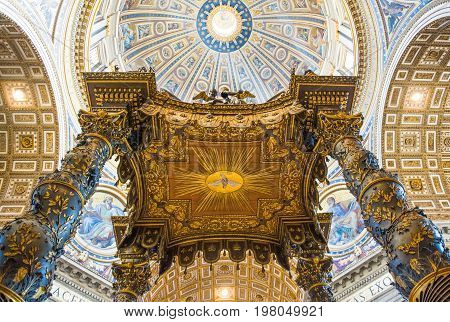 Rome Italy - September 29 2008: The interior of San Pietro in Vaticano cathedral the Bernini's altar baldachin