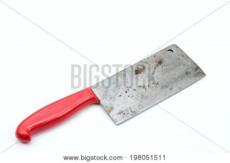 Vintage butcher meat-cleaver on the white background. Old meat chopper useful kitchen utensils