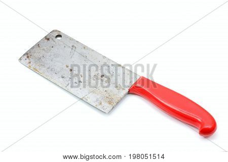 Vintage butcher meat-cleaver on the white background. Old meat chopper useful kitchen utensils