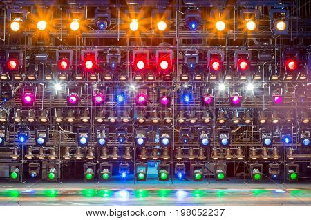 Spotlights & lighting equipment for the theater. Multi-colored lights.