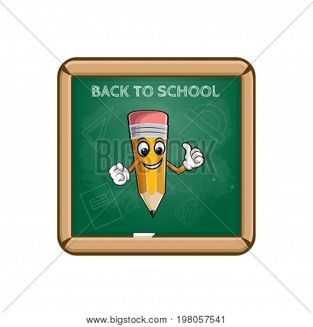 Yellow cartoon pencil. School board with text back to school. vector illustration isolated on white background.
