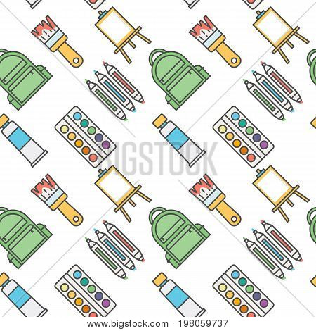 Seamless vector pattern with flat atristic tools for painting such as brush, markers, pencil, easel and watercolors. Background for dress, manufacturing, wallpapers, prints, gift wrap and scrapbook.