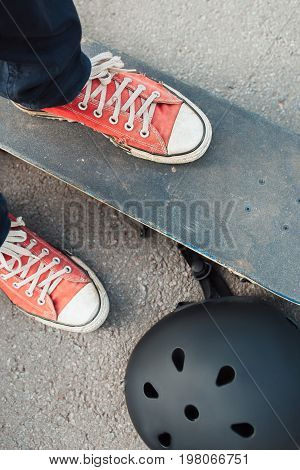 Extreme sport challenge at skateboarding competition. Champions skateboarder equipment. Ready to advanture