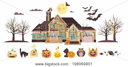 Stock vector illustration isolated cartoon house decorated pumpkins, skeletons celebrate holiday party Happy Halloween, brochure, flyer, leaflet or card for Trick-or-Treat flat style white background