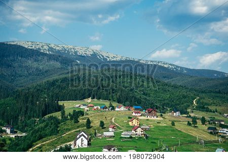 Mountain Village on a Sunny Summer day view from top