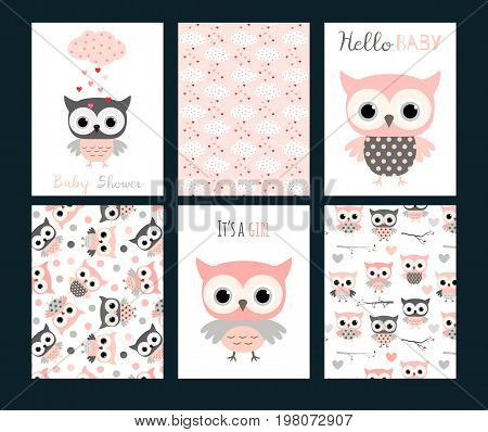 Cute vector set with invitation templates or greeting cards for baby girl showers and birthday parties for girls