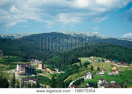Mountain Village on a Sunny Summer day view from top