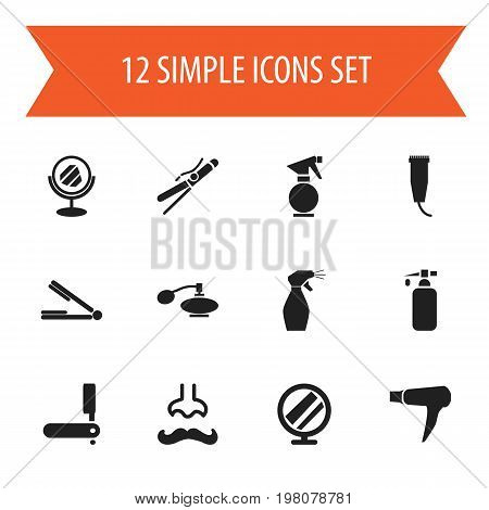 Set Of 12 Editable Tonsorial Artist Icons. Includes Symbols Such As Sharp, Lotion, Electric Shaver And More