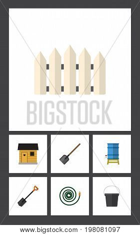 Flat Icon Garden Set Of Spade, Hosepipe, Wooden Barrier And Other Vector Objects