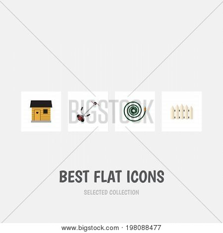 Flat Icon Farm Set Of Hosepipe, Grass-Cutter, Wooden Barrier And Other Vector Objects