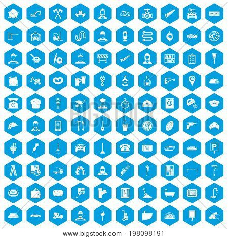100 working professions icons set in blue hexagon isolated vector illustration