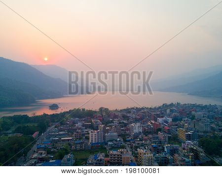 Aerial View Sunset Lakeside Phewa Lake Pokhara