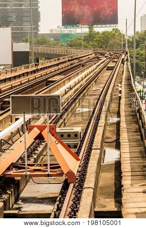 Detail of rail yard tracks and endstation BTS in Thailand.