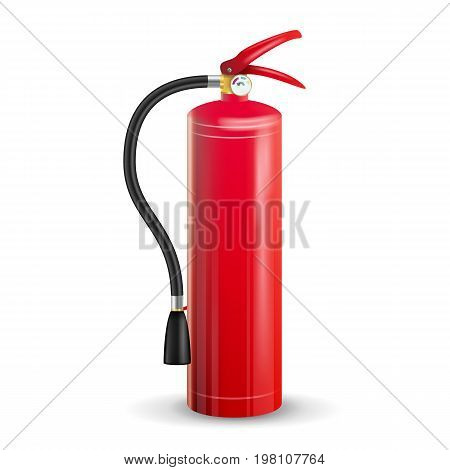 Classic Fire Extinguisher Vector. Metal Glossiness 3D Realistic Red Fire Extinguisher Isolated Illustration