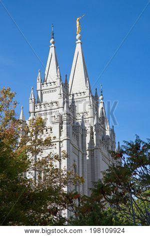 Salt Lake City, Utah, USA - October 8, 2016. Facade of the Salt Lake Temple of The Church of Jesus Christ of Latter-day Saints