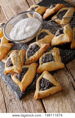 Hamentashen Triangular Cookies With Poppy Seed For Purim Holiday Close-up. Vertical