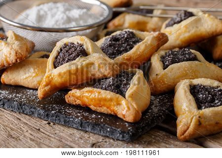 Appetizing Buns With Poppy Seeds. Hamantashen / Hamantash - Traditional Jewish Sweet Closeup