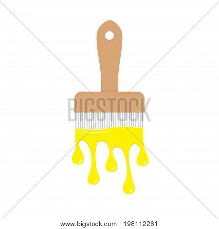 Paintbrush icon with yellow color drops. Flowing down dripping paint. Flat design Decoration element. White background. Isolated Vector illustration