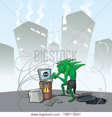 Angry cunning monster hacker infects all computers with a virus. Green goblin climbed out of the sewer. Infected computers smoking from windows of houses. Concept vector illustration