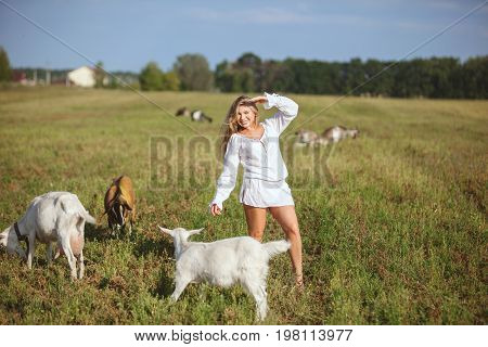 In the field to graze domestic goats next to a happy woman and smiling.