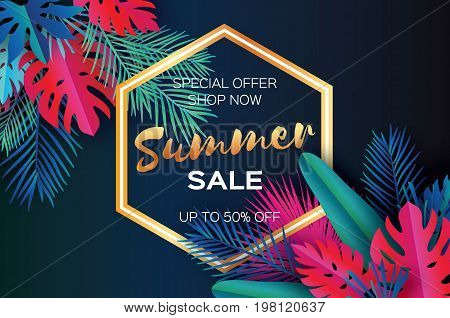Trendy Summer Sale Template banner. Paper art Tropical palm leaves, plants. Exotic. Hawaiian. Space for text. Hexagon frame. Colorful jungle floral background. Monstera. Vector illustration