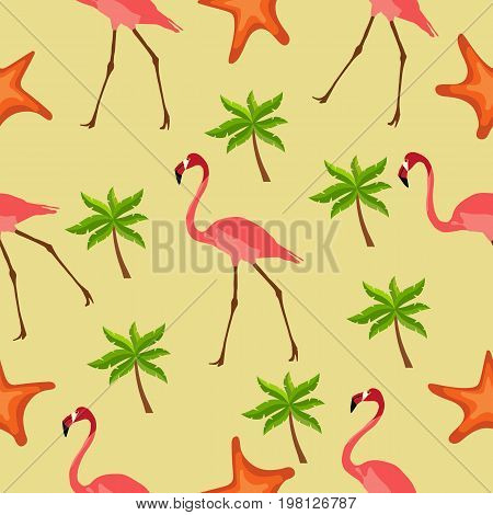 Seamless pattern flamingos, palm trees and starfish