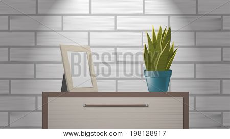 Realistic Woden Picture Frame Mock Up And Green Home Plant Standing On Commode.
