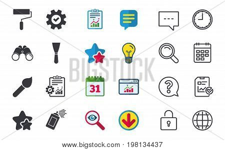 Paint roller, brush icons. Spray can and Spatula signs. Wall repair tool and painting symbol. Chat, Report and Calendar signs. Stars, Statistics and Download icons. Question, Clock and Globe. Vector