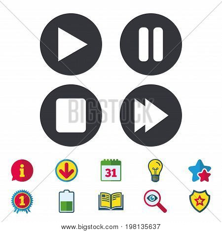 Player navigation icons. Play, stop and pause signs. Next song symbol. Calendar, Information and Download signs. Stars, Award and Book icons. Light bulb, Shield and Search. Vector