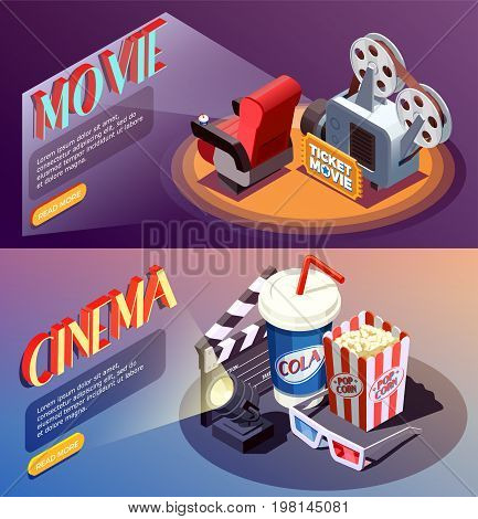 Set of two horizontal isometric cinema banners with compositions of cumbersome objects with read more button vector illustration