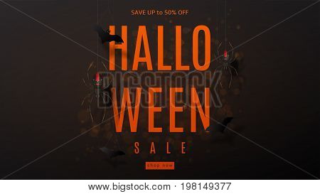 Dark web banner for halloween sale. Festive card with spiders on spider web. Vector illustration with paper bats.
