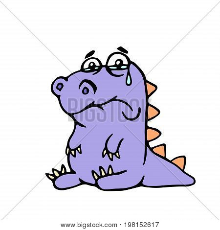 Cartoon purple sad dino. Vector illustration. Digital drawing melancholy cute character.