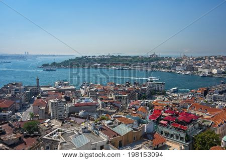 ISTANBUL TURKEY - JUNE 25 2015: Panoramic view of Istanbul and Bosphorus from Galata tower Turkey