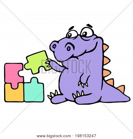 Cartoon purple croc playing with a puzzles. Vector illustration. Digital drawing cute character.