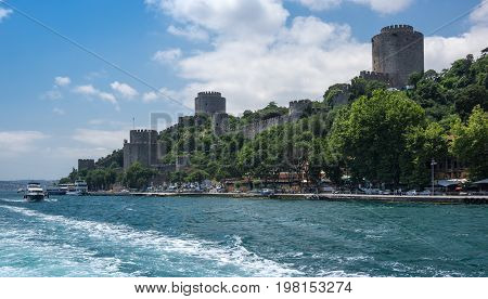 ISTANBUL TURKEY - JUNE 25 2015: Rumelihisarı (also known as Rumelian Castle and Roumeli Hissar Castle) is a fortress located in Istanbul Turkey on a hill at the European side of the Bosphorus