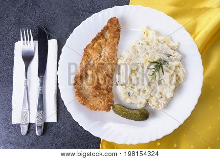 Fried pork meat with salad with knife and fork