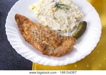 Fried pork meat with potato mayonnaise salad on the plate