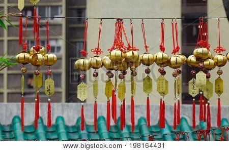Golden Lucky Lanterns At Temple In Hong Kong