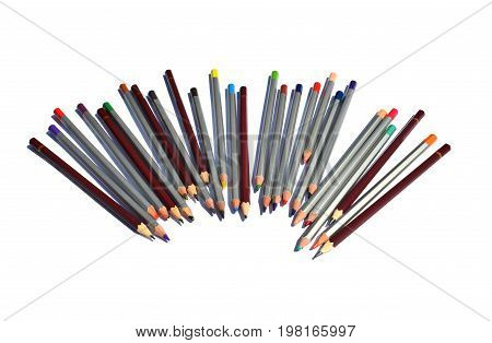 Bright colored pencils on a white background