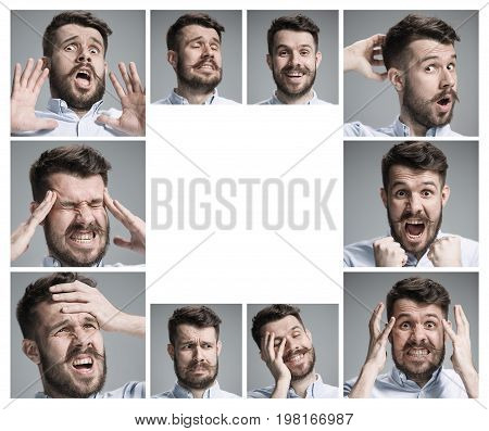 Set of young man's portraits with different emotions with copy space