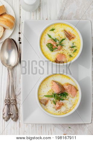Creamy Fish Soup With Salmon, Potatoes, Onions And Carrots. Kalakeitto. Traditional Dish Of The Finn